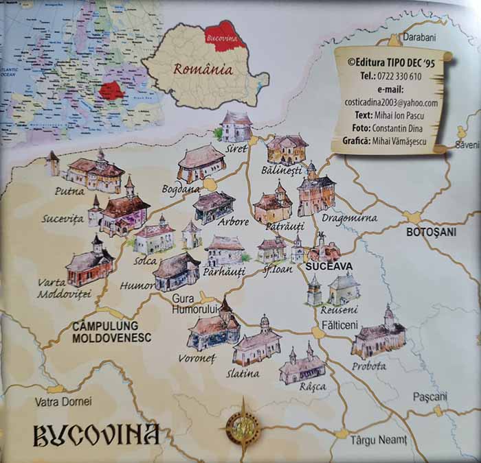 o mapa dos Mosteiros de Bucovina, na Romênia.