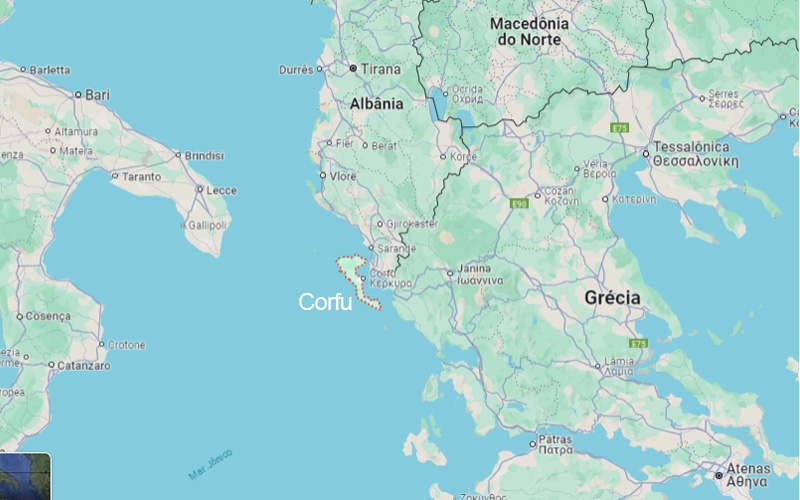 A localização de Corfu, no mapa do Googlo.