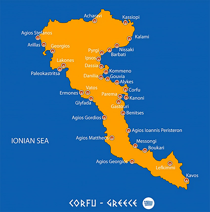 Mapa de Corfu, ilha grega