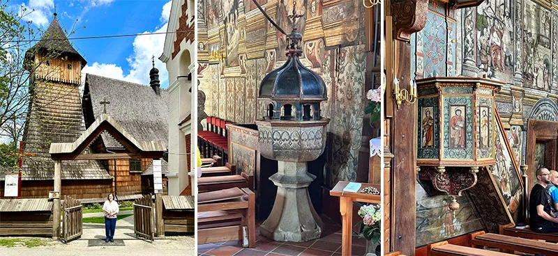 A fachada da igreja de São Miguel Arcanjo, a pia de batismo e o púlpito, em Binarowa, Polônia A fachada da igreja, a pia batismo e o púlpito da Igreja de São Miguel Arcanjo, em Binarowa, Polônia